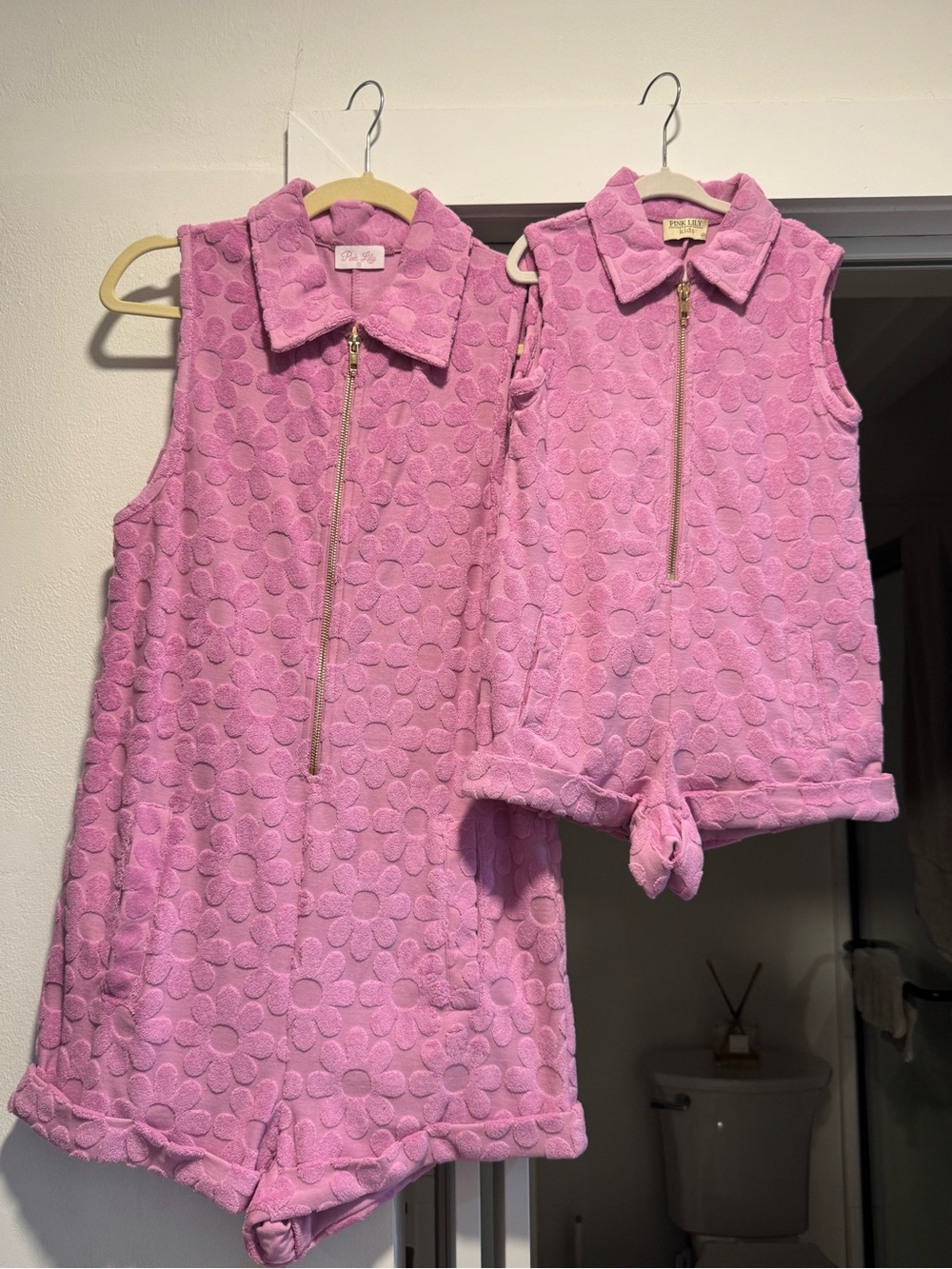 Pink Lily x Krista Horton Textured Daisy Print Pink Zip Front Romper with collar